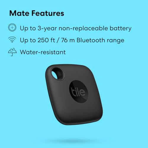 Tile Mate 1-Pack. Black. Bluetooth Tracker, Keys Finder and Item Locator for Keys, Bags and More; Up to 250 ft. Range. Water-Resistant. Phone Finder. iOS and Android Compatible.