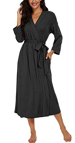 VINTATRE Women Kimono Robes Long Knit Bathrobe Lightweight Soft Knit Sleepwear V-neck Casual Ladies Loungewear Dark Gray-Large