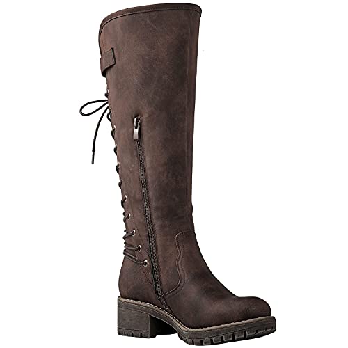 GLOBALWIN Women's Chunky Heel Brown Lace Up Back Knee High Fashion Boots 8.5M