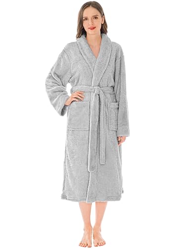 PAVILIA Premium Womens Plush Soft Robe Fluffy, Warm, Fleece Sherpa Shaggy Bathrobe (S/M, Light Gray)