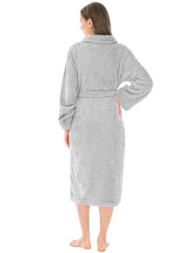 PAVILIA Premium Womens Plush Soft Robe Fluffy, Warm, Fleece Sherpa Shaggy Bathrobe (S/M, Light Gray)