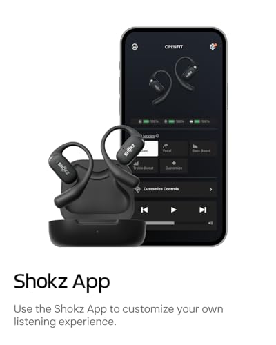 SHOKZ OpenFit - Open-Ear True Wireless Bluetooth Headphones with Microphone, Earbuds with Earhooks, Sweat Resistant, Fast Charging, 28HRS Playtime, Compatible with iPhone & Android, Black