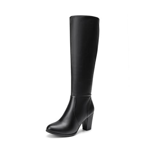 DREAM PAIRS Women's Chunky Heel Knee High and Up Boots,Size 8,Black/PU,MIDLEG