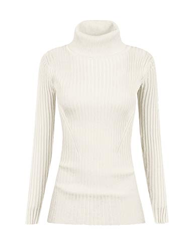 v28 Women Stretchable Turtleneck Knit Long Sleeve Slim Fit Sweater (S,White)