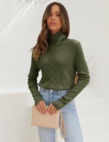 LEANI Womens 2024 Turtleneck Sweaters Cable Knit Long Sleeve Pullover Sweater Jumper ArmyGreen Medium