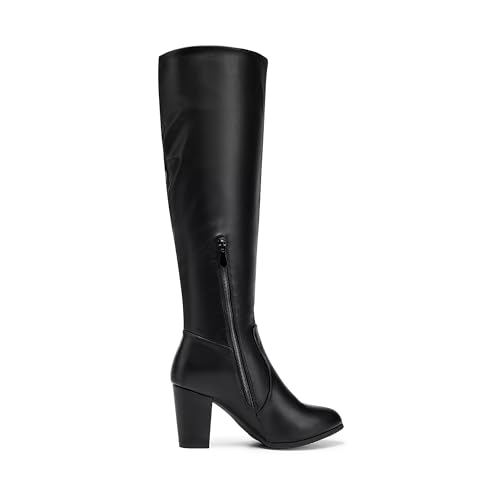 DREAM PAIRS Women's Chunky Heel Knee High and Up Boots,Size 8,Black/PU,MIDLEG