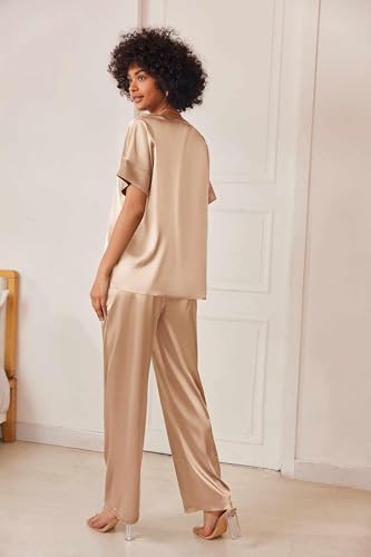 Ekouaer Satin Pajama Set Womens Silk Short Sleeve V Neck Shirt with Long Pant Soft Loungewear Pjs Set Khaki