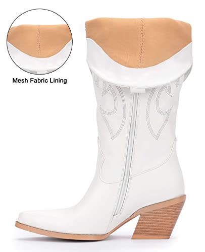 Pasuot White Cowboy Boots for Women - Wide Calf Cowgirl Knee High Western with Side Zip and Embroidered, Pointed Toe Chunky Heel Retro Classic Tall Boot Pull On for Ladies Fall Winter Size 8