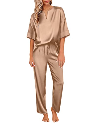 Ekouaer Satin Pajama Set Womens Silk Short Sleeve V Neck Shirt with Long Pant Soft Loungewear Pjs Set Khaki