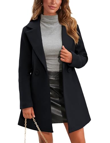 Springrain Women's Wool Pea Coat Notched Collar Double Breasted Midi Long Trench Coat Outwear (Black, M)