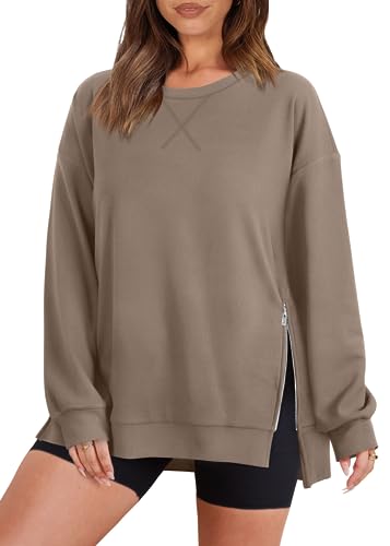 WIHOLL Womens Sweatshirt Lightweight Oversized Crewneck Pullover Long Sleeve Tops Soft Sweatshirts Loose Fit Fall Fashion 2024 Y2K Casual Side Slit Shirts Coffee 2XL