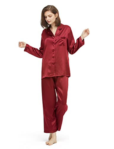 LilySilk Silk Pajamas for Women Button Up Pajamas Set for Ladies Girls Soft Maternity Pajamas Birthday Bridal Party Gift for Christmas Anniversary Valentine's day, Claret L