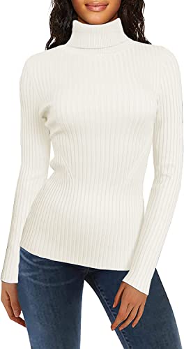 v28 Women Stretchable Turtleneck Knit Long Sleeve Slim Fit Sweater (S,White)