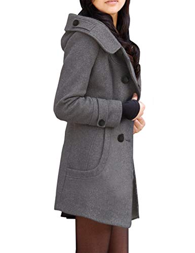 Tanming Women's Warm Double Breasted Wool Pea Coat Trench Coat Jacket with Hood (Grey-L)