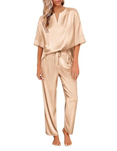 Ekouaer Satin Pajama Set Womens Silk Short Sleeve V Neck Shirt with Long Pant Soft Loungewear Pjs Set Khaki