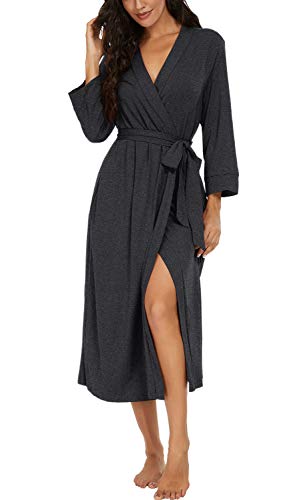 VINTATRE Women Kimono Robes Long Knit Bathrobe Lightweight Soft Knit Sleepwear V-neck Casual Ladies Loungewear Dark Gray-Large