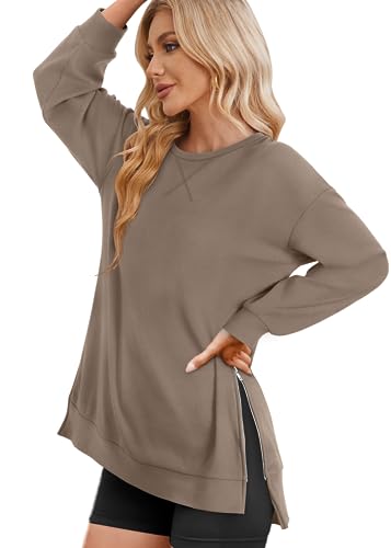 WIHOLL Womens Sweatshirt Lightweight Oversized Crewneck Pullover Long Sleeve Tops Soft Sweatshirts Loose Fit Fall Fashion 2024 Y2K Casual Side Slit Shirts Coffee 2XL