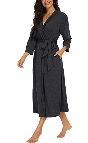 VINTATRE Women Kimono Robes Long Knit Bathrobe Lightweight Soft Knit Sleepwear V-neck Casual Ladies Loungewear Dark Gray-Large