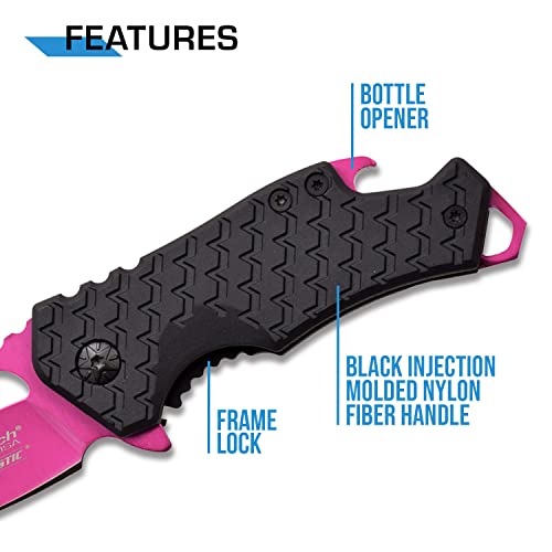 MTech USA – Spring Assisted Folding Knife – Pink Fine Edge Stainless Steel Blade with Black Nylon Fiber Handle, Bottle Opener, Pocket Clip, Tactical, EDC, Self Defense- MT-A882PK