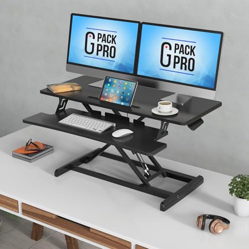 G-PACK PRO Adjustable Standing Desk Converter - Desk Riser Up to 19.3 inch for Dual Monitor Stand up Desk Top - Adjustable Desk Risers for Healthy Ergonomic Workstation - Black