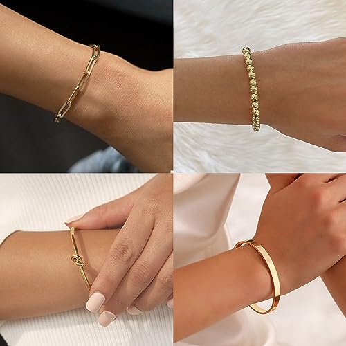 Reoxvo Gold Charm Bangle Bracelets for Women Stack Non Tarnish 14k Gold Plated Brass Cuff Bracelet Set Jewelry Accessories for Women Trendy