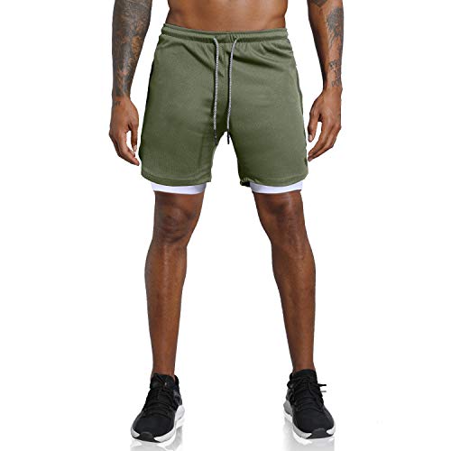 Leidowei Men's 2-in-1 Gym Running Shorts Lightweight Workout Athletic Training 7" Short Pants with Zip Pockets Green XL