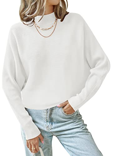 ZESICA Women's 2024 Fall Turtleneck Batwing Long Sleeve Ribbed Knit Casual Soft Pullover Sweater Jumper Top,White,Medium