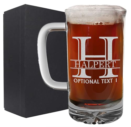 Personalized Laser Etched Glass Beer Mug for Gifting (16oz) – Customizable Monogram and Text Beer Mugs with Handles - Modern, Tankard Style Mugs for Beer - Novelty Beer Gifts for Men Halpert