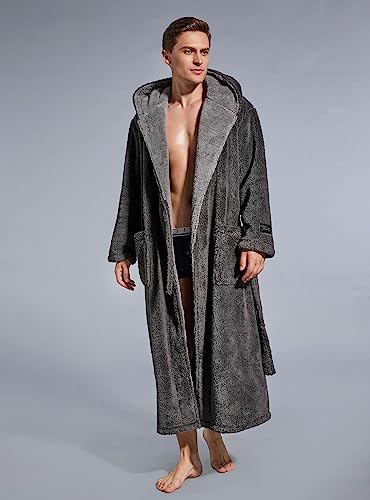 SlumberMee Mens Fleece Plush Robe with Hood Ultra Soft Fluffy Full Length Long with Pockets Luxurious House Coat (Dark Gray, M)