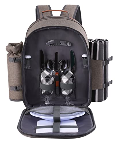 Apollo Walker Picnic Backpack Set for 2 Person with Cooler Compartment, Detachable Bottle/Wine Holder, Fleece Blanket, Plates and Cutlery Set (Beige)