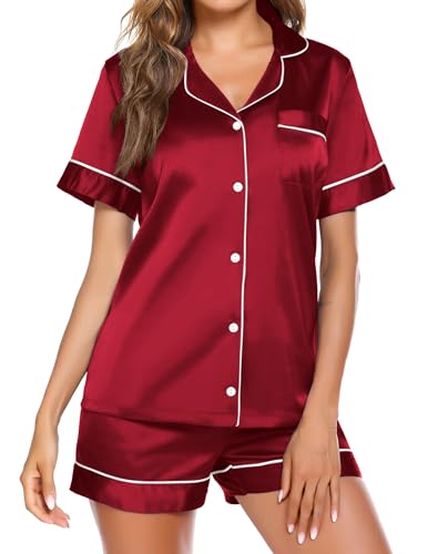 Ekouaer Satin Pajamas for Women Button Down Sleepwear Soft Silk Loungewear Short Sleeve Top and Shorts Pjs Wine,X-Large