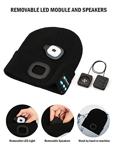 Bluetooth Beanie with Light, Unisex USB Rechargeable 4 LED Headlamp Hat with Wireless Headphones, Unique Christmas Birthday Gifts for Men Him Husband Teen (Black)