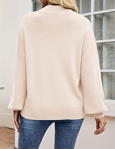 ZESICA Women's 2024 Casual Turtleneck Long Lantern Sleeve Oversized Ribbed Knit Pullover Sweater Jumper Top,Beige,Medium