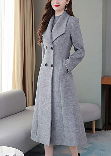 chouyatou Women's Chic Shawl Collar Work Double Breasted Maxi Long Wool Pea Coat (Large, Grey)