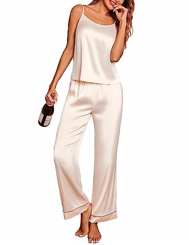 Ekouaer Women Silk Satin Pajamas Sleeveless Pjs Set 2 Piece Summer Loungewear Sleepwear with Pockets Champagne,M