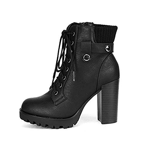 DREAM PAIRS Women's Lace up Combat Ankle Boots High Chunky Heel Fashion Heeled Booties Shoes,Size 9,Black,SCANDL