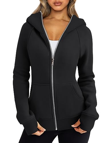 Trendy Queen Womens Zip Up Hoodies Fleece Jackets Oversized Sweatshirts Fall Fashion Outfits Sweaters Winter Clothes Black L