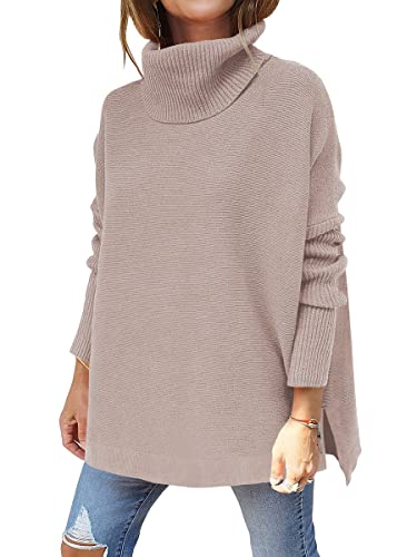 ANRABESS Women's Oversized Turtleneck Batwing Sleeve Spilt Casual Loose Knit Tunic Pullover Sweater Tops 2024 Fall Outfits Almond X-Small