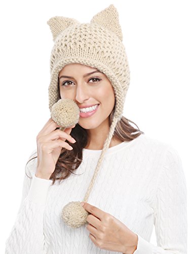 Bellady Winter Cute Cat Ears Knit Hat Ear Flap Crochet Beanie Hat,Beige