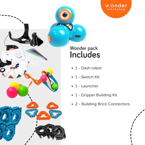 Wonder Workshop Dash Robot Wonder Pack – Coding Educational Bundle for Kids 6+ – Free STEM Apps with Instructional Videos - Launcher Toy, Sketch Kit Drawing, Gripper Building