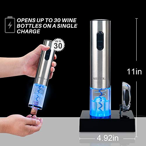 Secura Electric Wine Opener, Automatic Electric Wine Bottle Corkscrew Opener with Foil Cutter, Rechargeable (Stainless Steel)