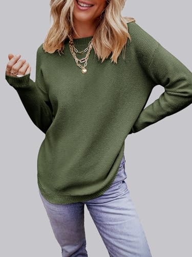 MEROKEETY Women's 2024 Fall Long Sleeve Oversized Crew Neck Solid Color Knit Pullover Sweater Tops, Green L