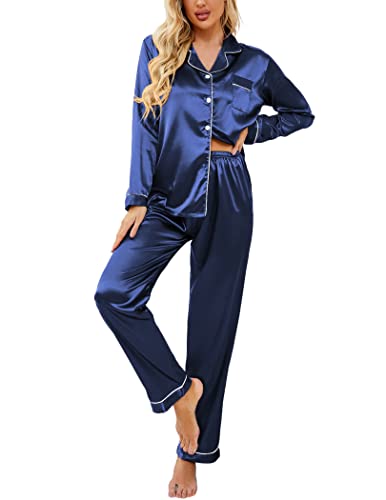 Ekouaer Women's Classic Button Down Long Satin Silk Pajama Set,Small,Navy Blue