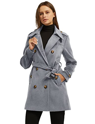 wantdo Women's Casual Long Sleeve Double Breasted Pea Coat with Belt Grey M