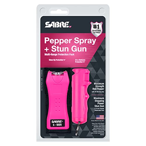 SABRE Pepper Spray & 2-in-1 Stun Gun with Flashlight, Self Defense Kit, Fast Flip Top Safety, Finger Grip for Better & Faster Aim, Painful 1.60 µC Charge, 120 Lumen LED Light, Rechargeable, 0.54 fl oz