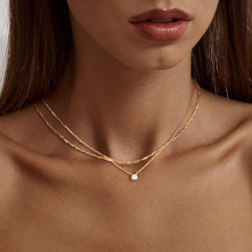 Tewiky Gold Necklace, Dainty Gold Layered Gold Plated Diamond Necklaces Simple CZ Solitaire Pendant Necklace Cute Gold Cubic Zirconia Chain Choker for Women Trendys Gold Jewelry Gift