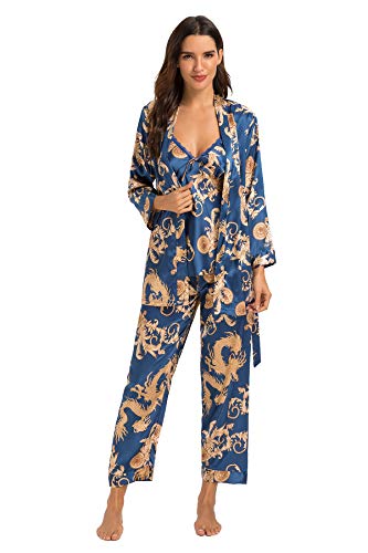 Escalier Women's Silk Satin Pajamas Set 3 Pcs Floral Silky Pj Sets Sleepwear Cami Nightwear with Robe and Pants Navy XL