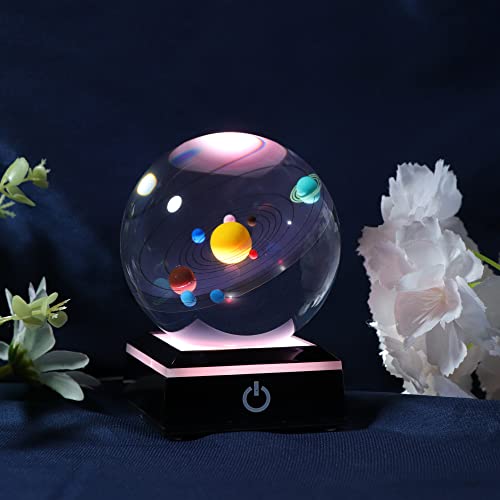 3D Crystal Ball with Solar System Model and LED lamp Base, Clear 80mm (3.15 inch), Best Birthday Girlfriend Gift, Teacher of Physics, Classmates and Kids Gift