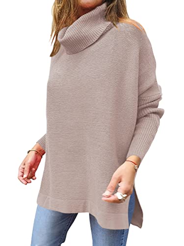 ANRABESS Women's Oversized Turtleneck Batwing Sleeve Spilt Casual Loose Knit Tunic Pullover Sweater Tops 2024 Fall Outfits Almond X-Small