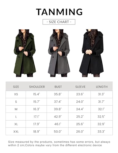 Tanming Women's Warm Double Breasted Wool Pea Coat Trench Coat Jacket with Hood (Grey-L)